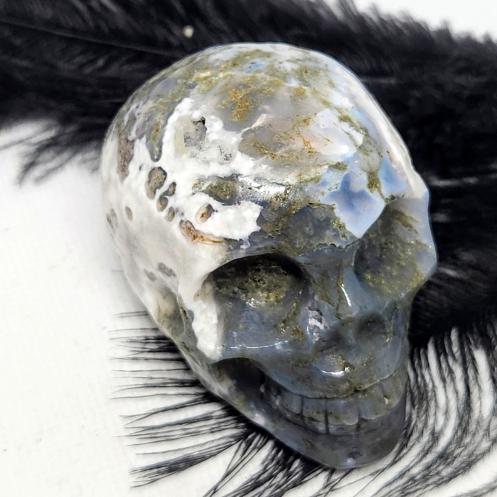 Druzy Moss Agate Skull. Crystal Carving.